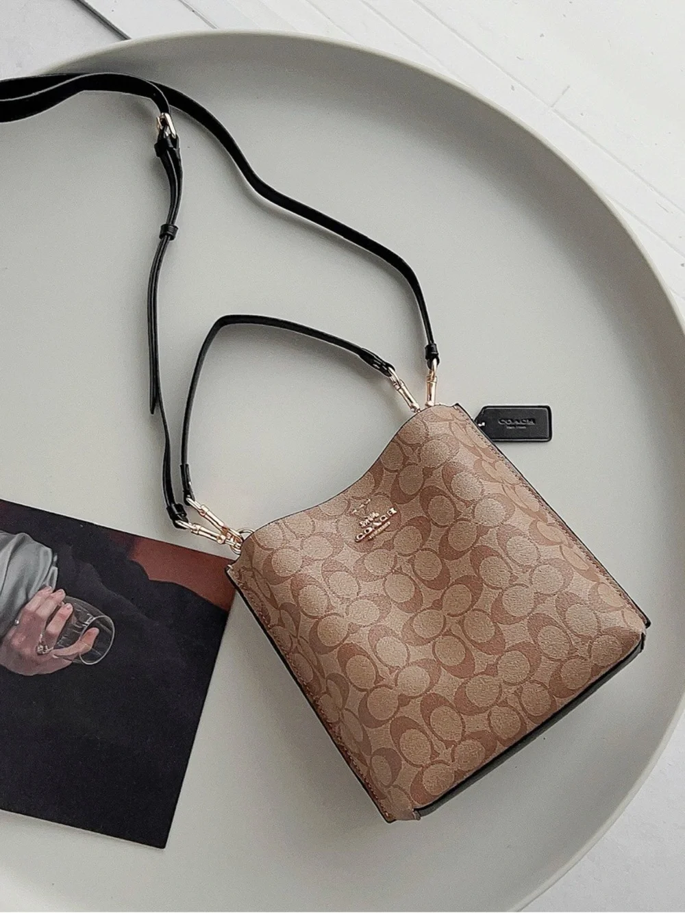 Coach Khaki/Brown Signature Canvas Bucket Crossbody